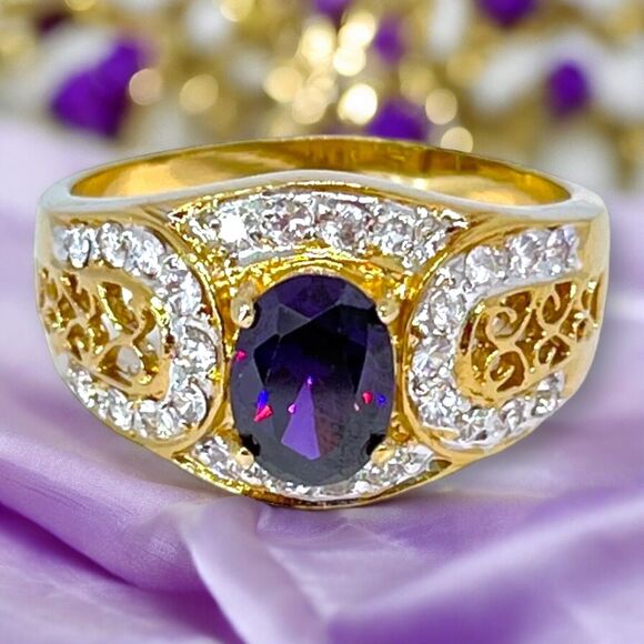 Vintage Ring Size 6 Purple & Clear Cubic Zirconia 18K Gold Plate Mid-Century 14J - Picture 1 of 9